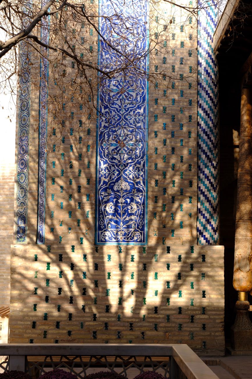 Mosaic patterns on an ancient wall with tree shadows for artistic effect · Bukhara, Uzbekistan