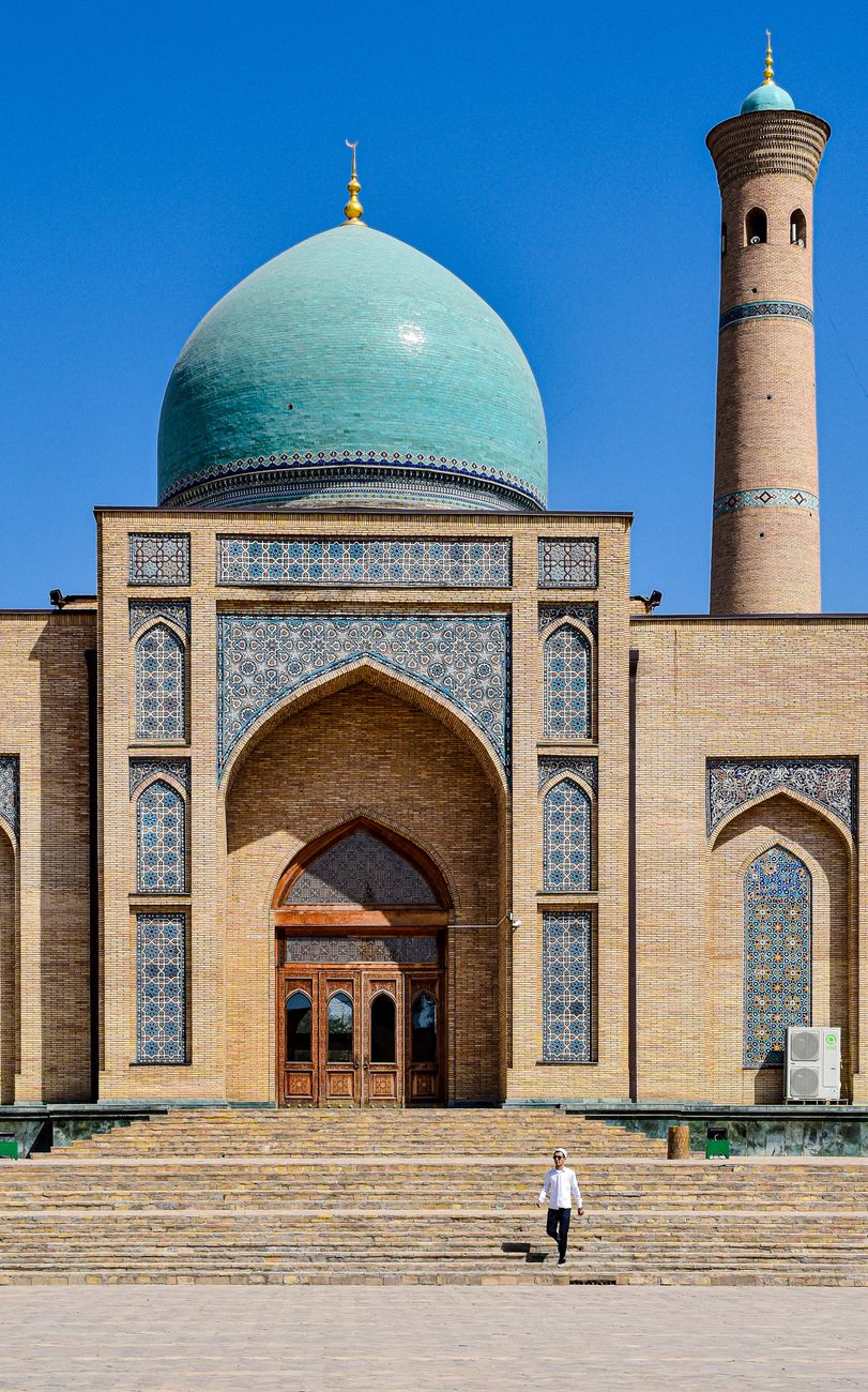 Front view of the architectural beauty of Hazrati Imam Mosque in Tashkent, Uzbekistan · Karakalpakstan, Uzbekistan