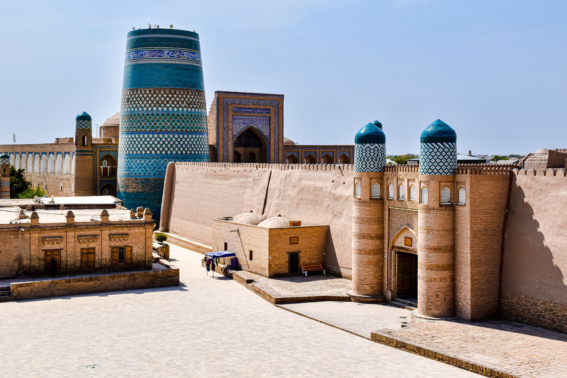 Iconic Kalta Minor Minaret in Khiva, showcasing Islamic architecture in summer, Uzbekistan