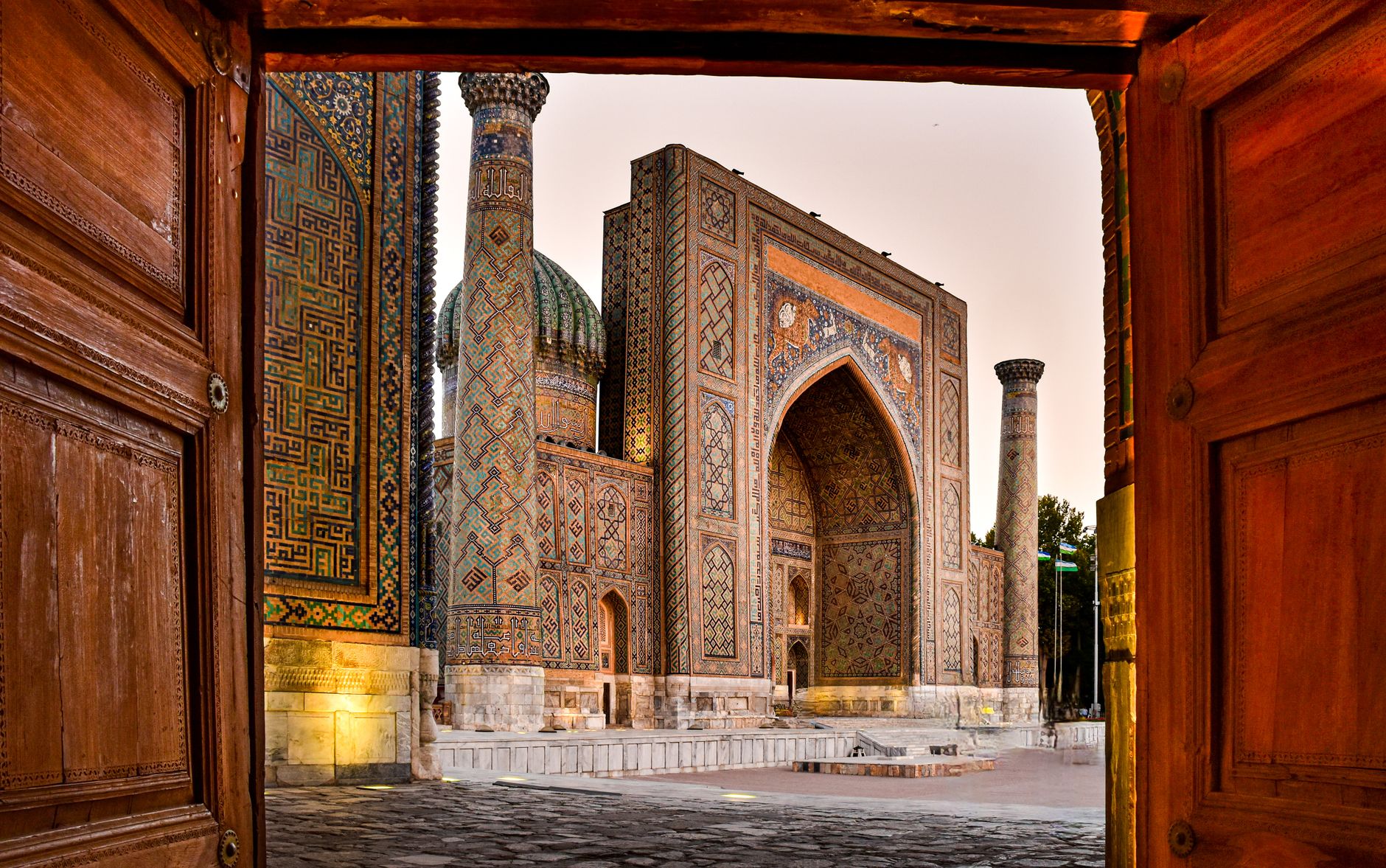 Intricate architecture of Samarkand's historic Registan Square, a UNESCO World Heritage Site, Uzbekistan