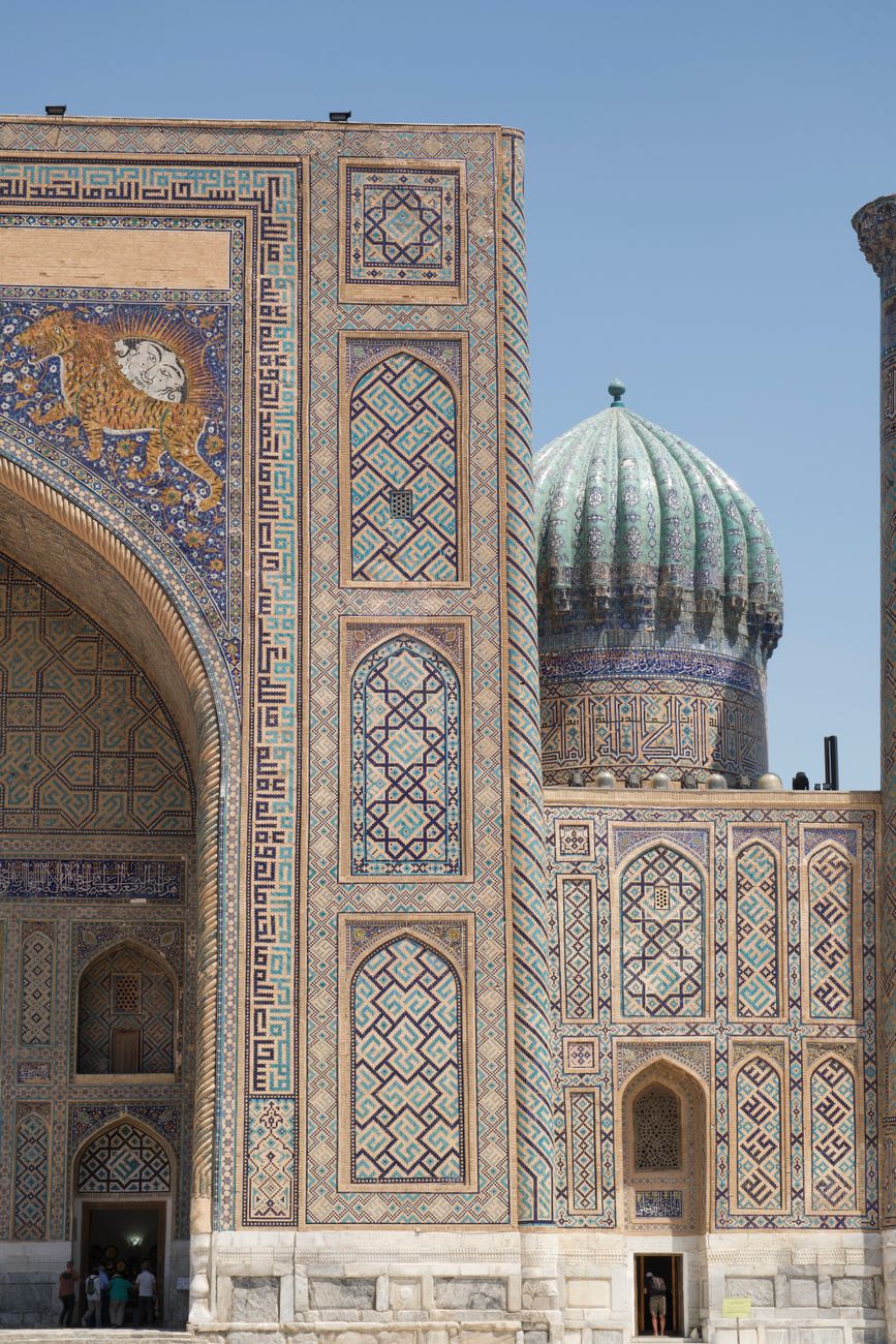 Stunning tilework and dome of the historic Registan in Samarkand, Uzbekistan