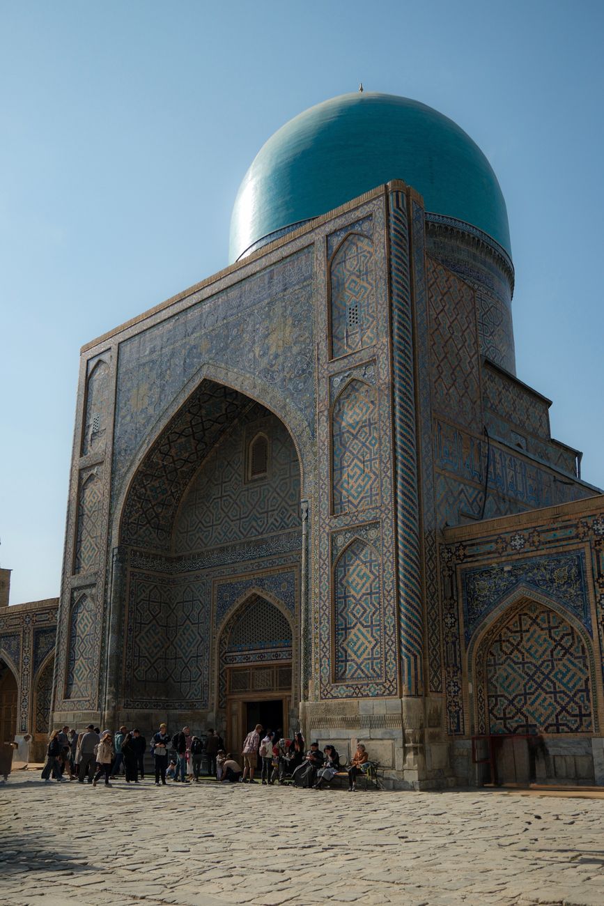 View of the Shah-i-Zinda Mausoleum in Samarkand, Uzbekistan showcasing intricate Islamic architecture