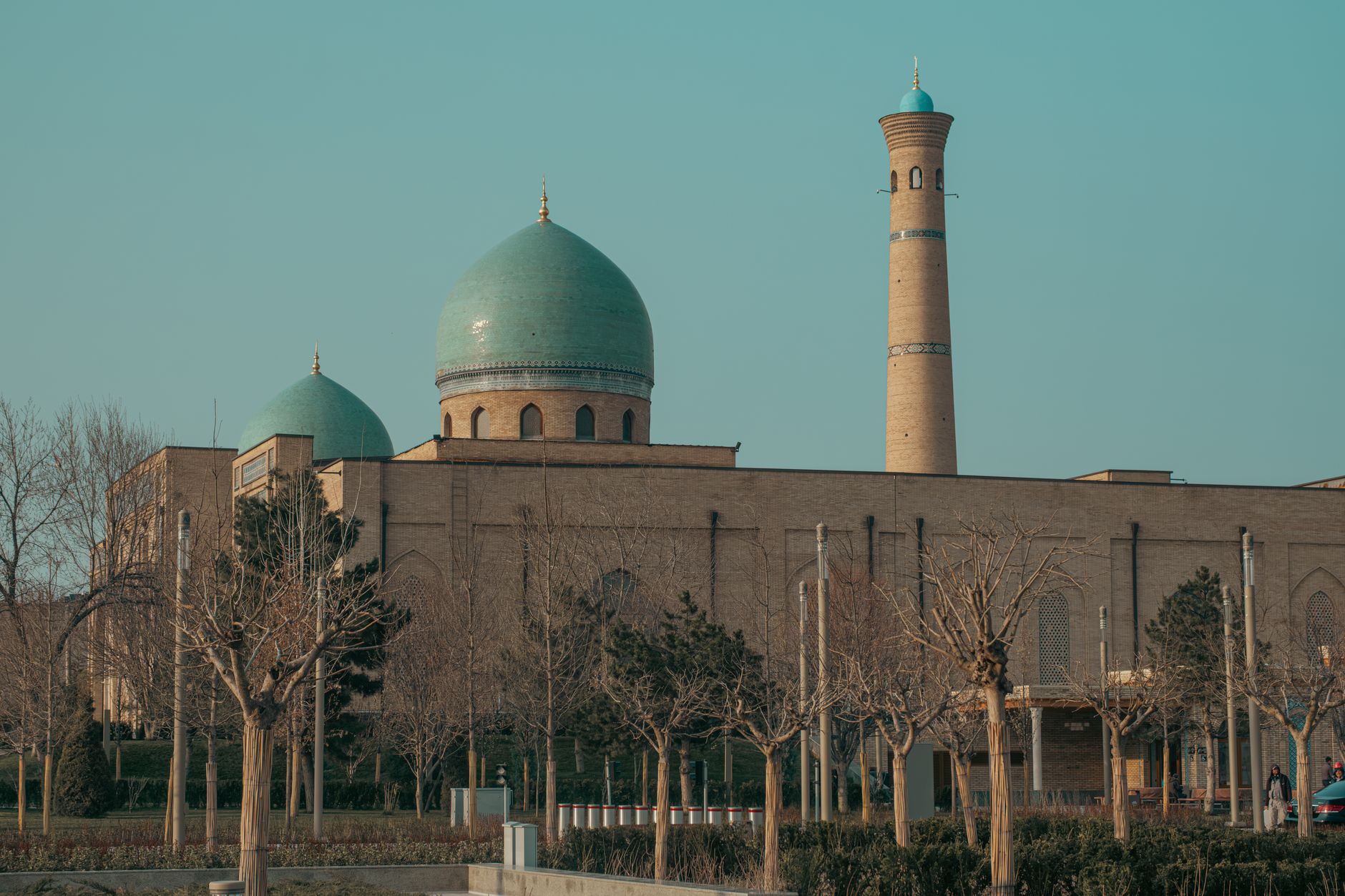 Historic mosque with iconic blue domes and a towering minaret in Tashkent, Uzbekistan