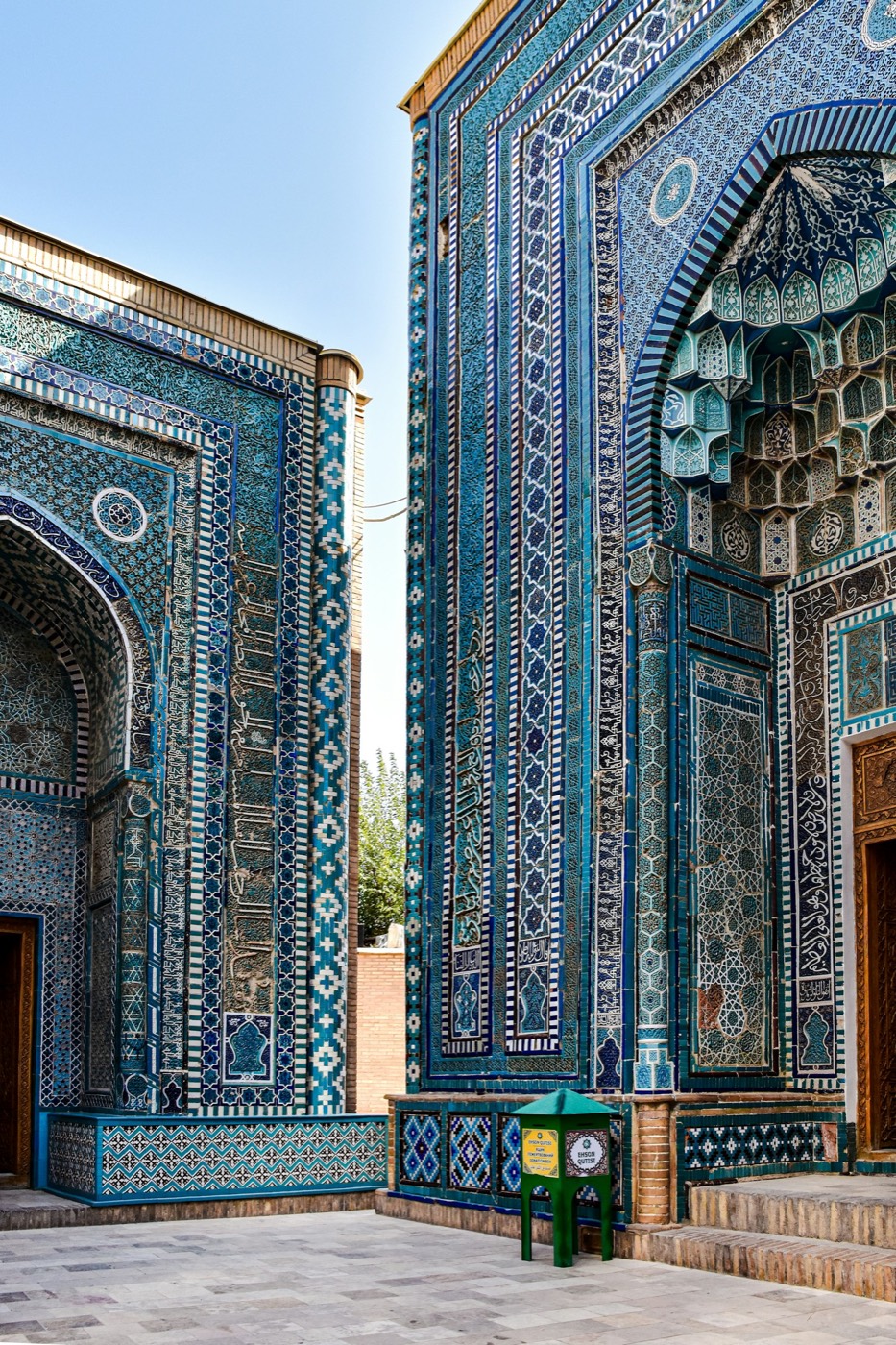 Alley between two ornately tiled mausoleum portals at Shah-i-Zinda, Samarkand