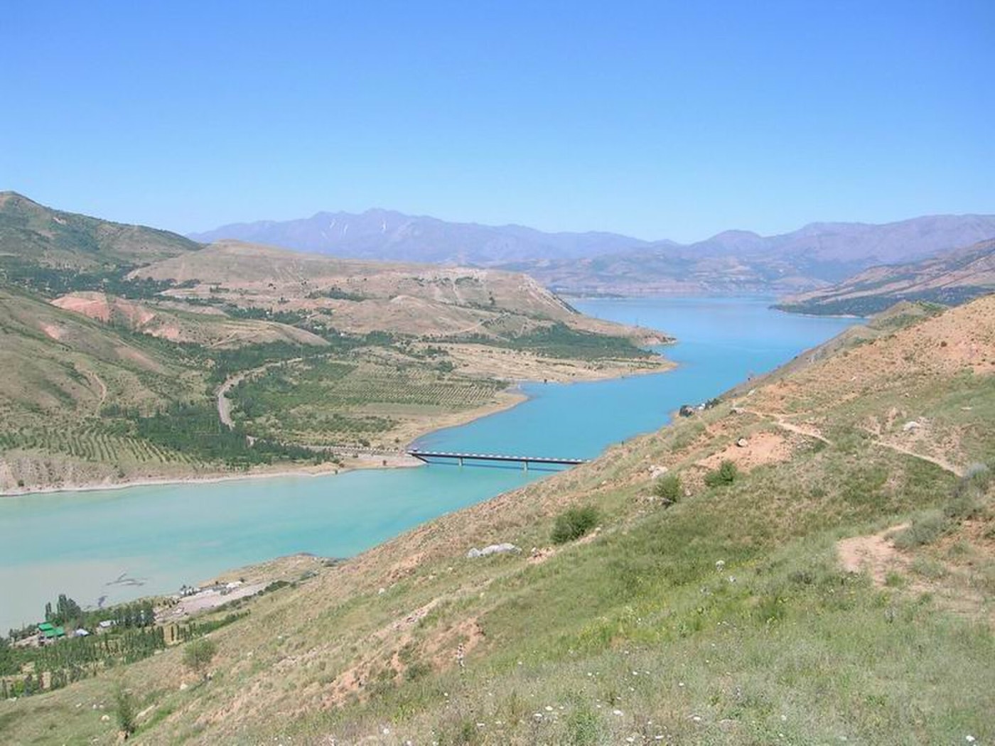 The Charvak reservoir with the Chatkal mountains behind, Uzbekistan