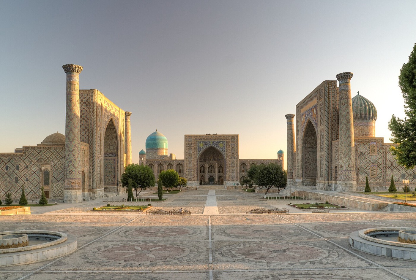 The three madrasas of the Registan in Samarkand at dusk