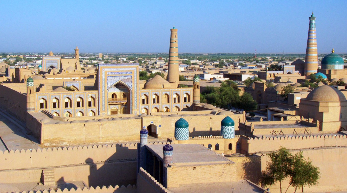 View across the rooftops of Khiva's walled inner city Ichan Kala from the ramparts